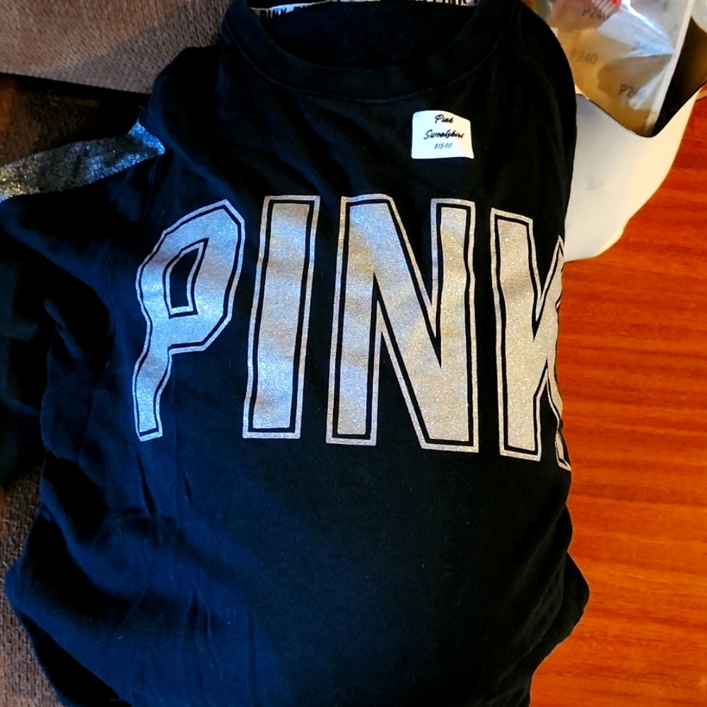 Victoria secret pink black and glittery crew neck sweatshirt